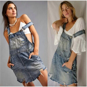 Free People Baxter Distressed Denim Mini Dress Medium Boho